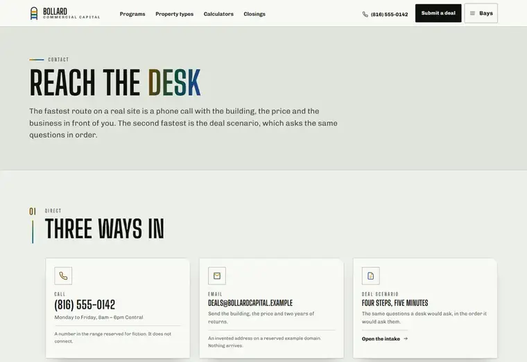 Contact page of the Bollard mortgage website design