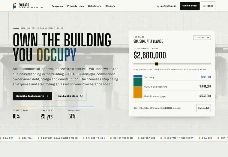 Home page of the Bollard mortgage website design