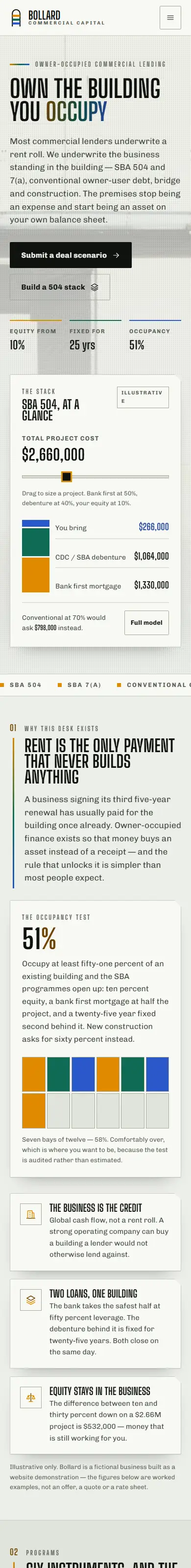 Home on a phone page of the Bollard mortgage website design