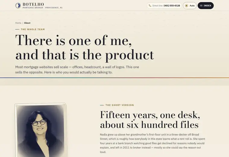 About page of the Botelho mortgage website design