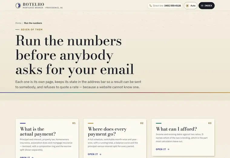 Calculators page of the Botelho mortgage website design