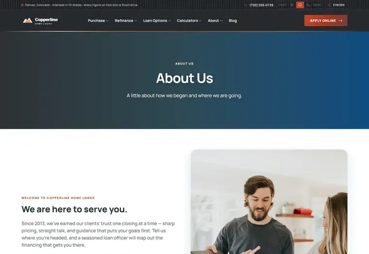 About us page of the Copperline Classic mortgage website design