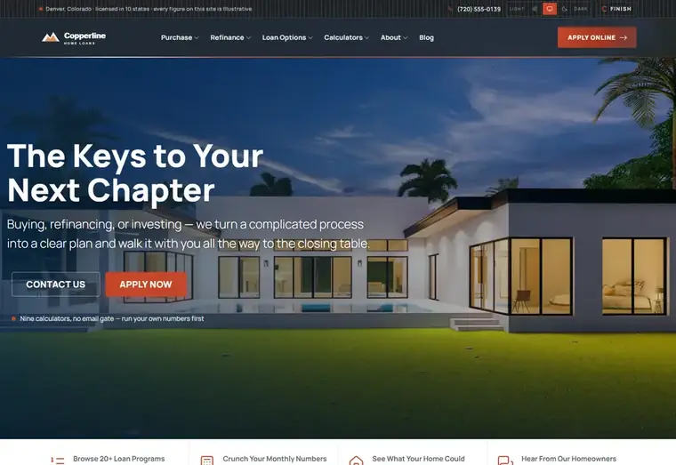 Home page of the Copperline Classic mortgage website design