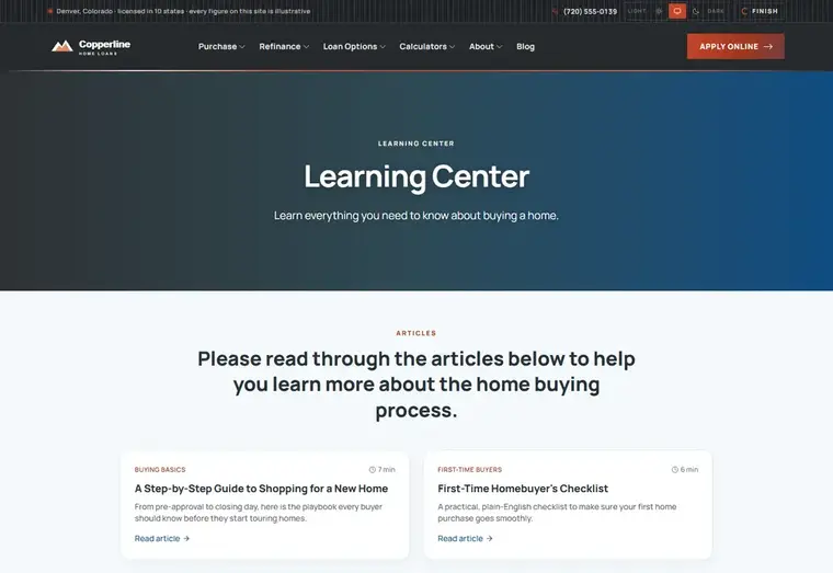 Learning center page of the Copperline Classic mortgage website design