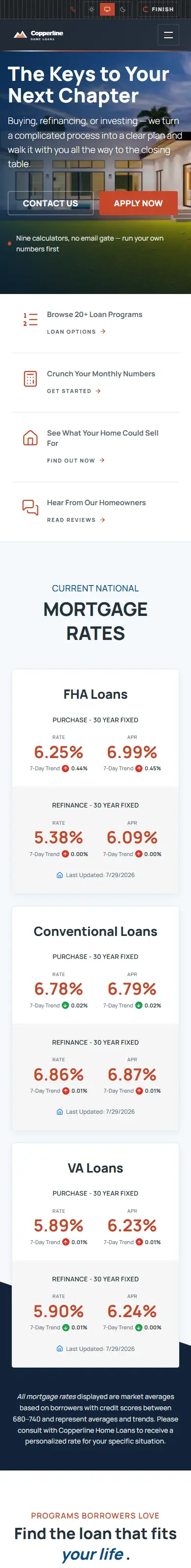 Home on a phone page of the Copperline Classic mortgage website design