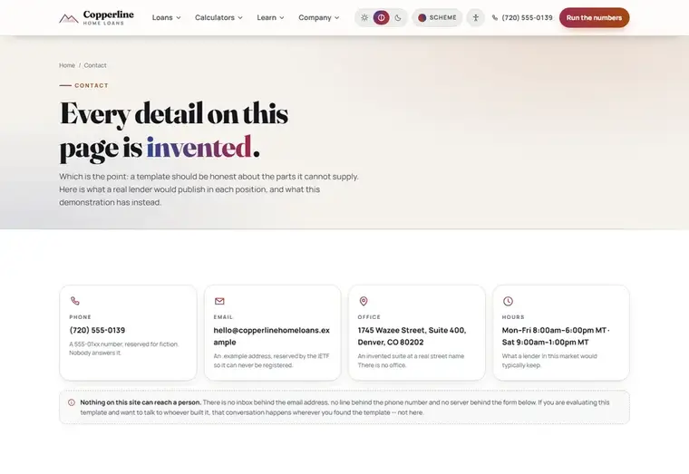 Contact us page of the Copperline mortgage website design
