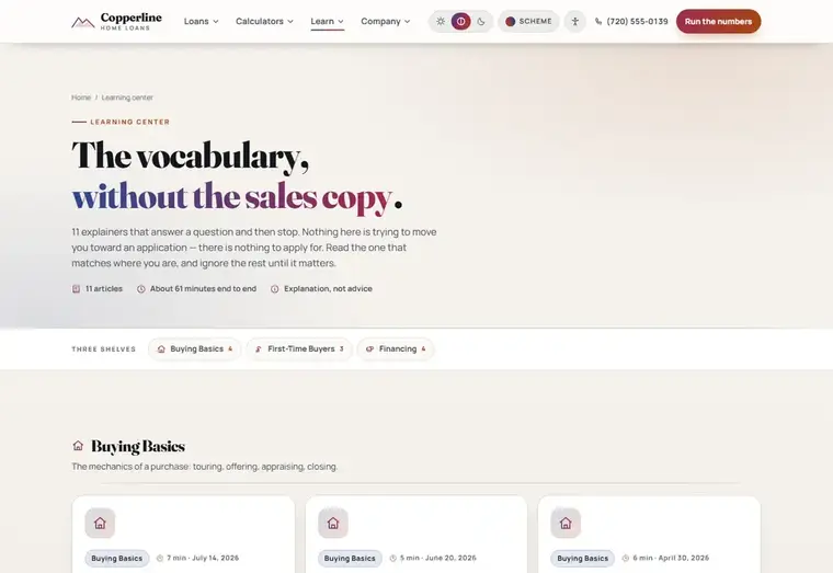 Learning center page of the Copperline mortgage website design