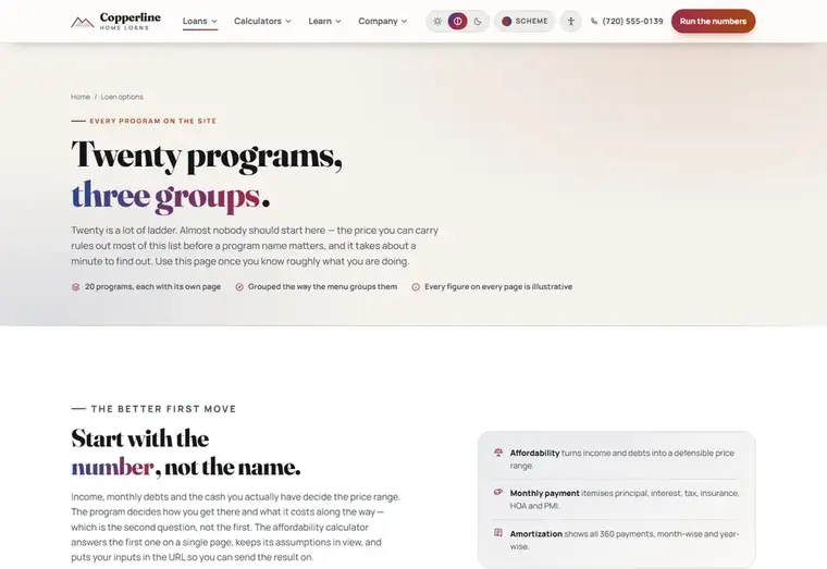 Loan options page of the Copperline mortgage website design
