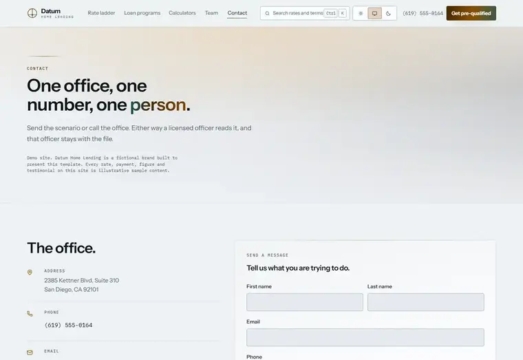 Contact us page of the Datum mortgage website design