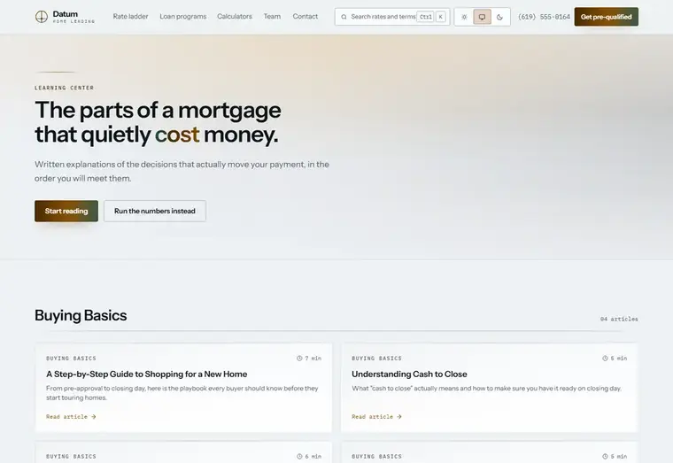 Learning center page of the Datum mortgage website design