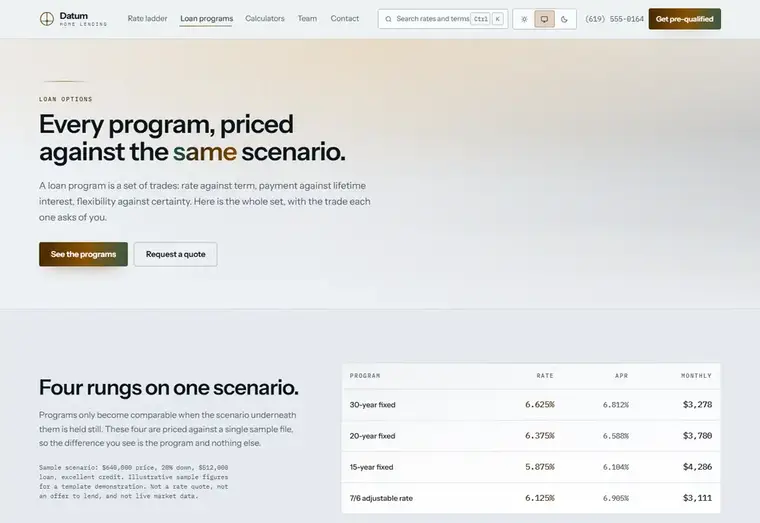Loan options page of the Datum mortgage website design