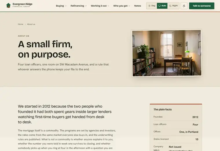 About us page of the Evergreen Ridge mortgage website design