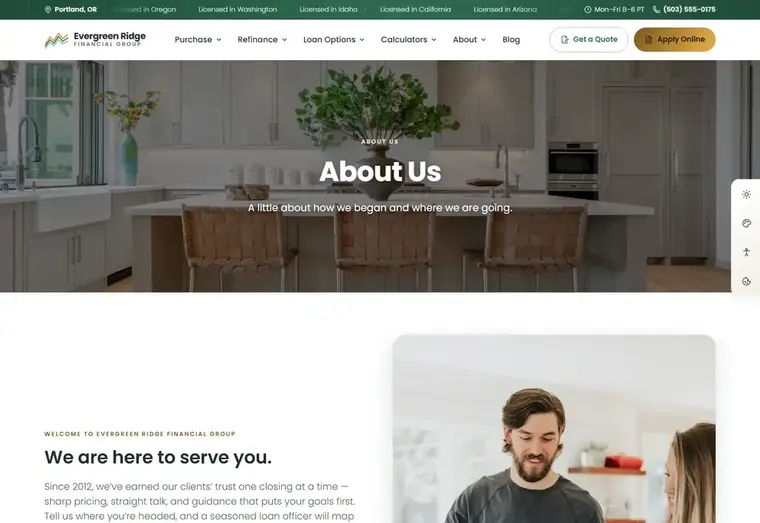 About us page of the Evergreen Ridge Classic mortgage website design
