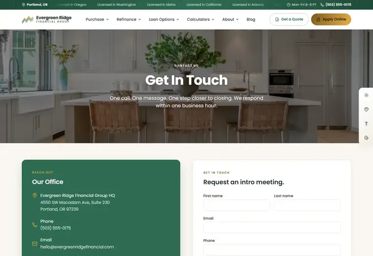 Contact us page of the Evergreen Ridge Classic mortgage website design