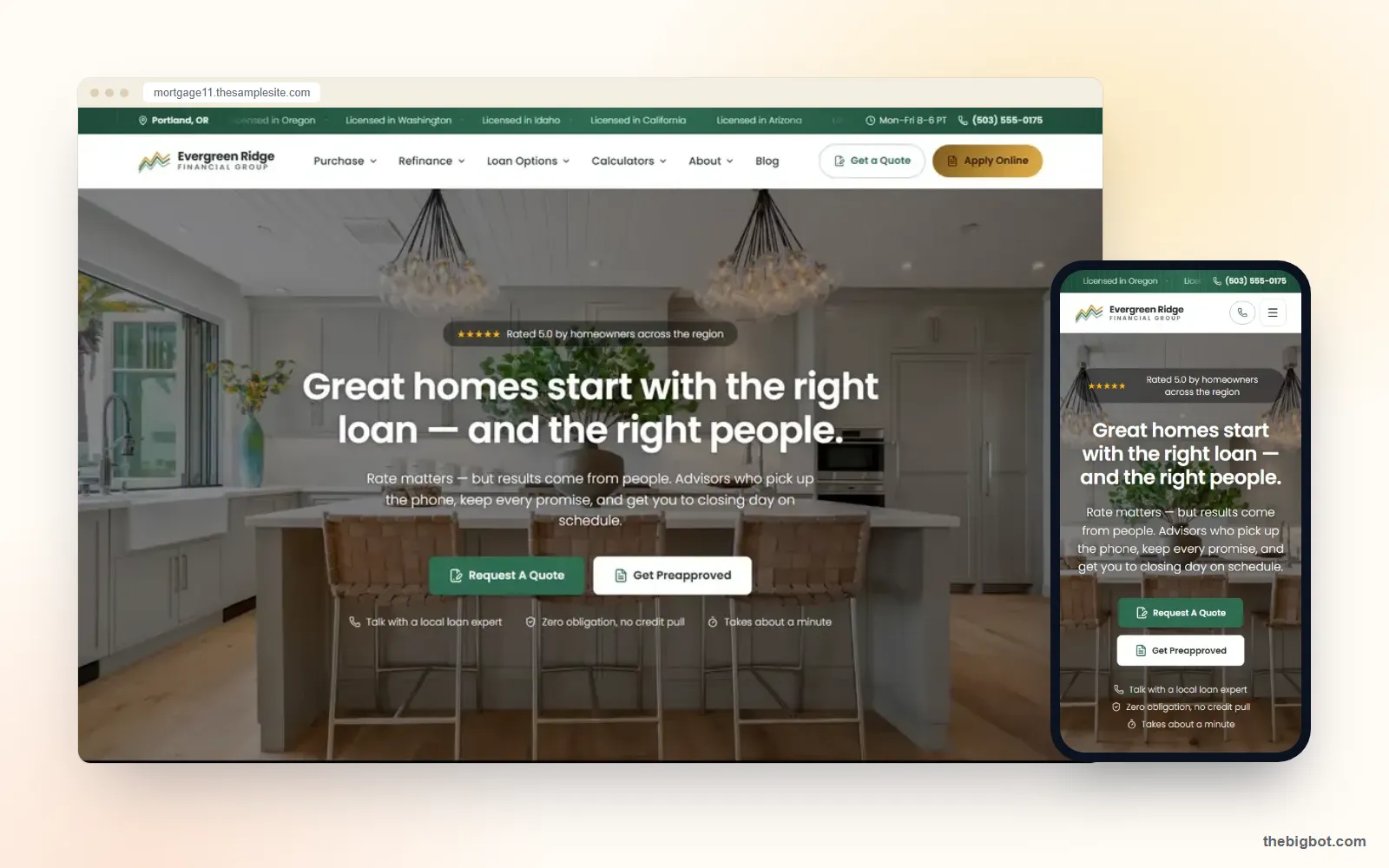 Evergreen Ridge Classic mortgage website design shown on a desktop browser and a phone