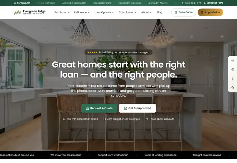 Home page of the Evergreen Ridge Classic mortgage website design