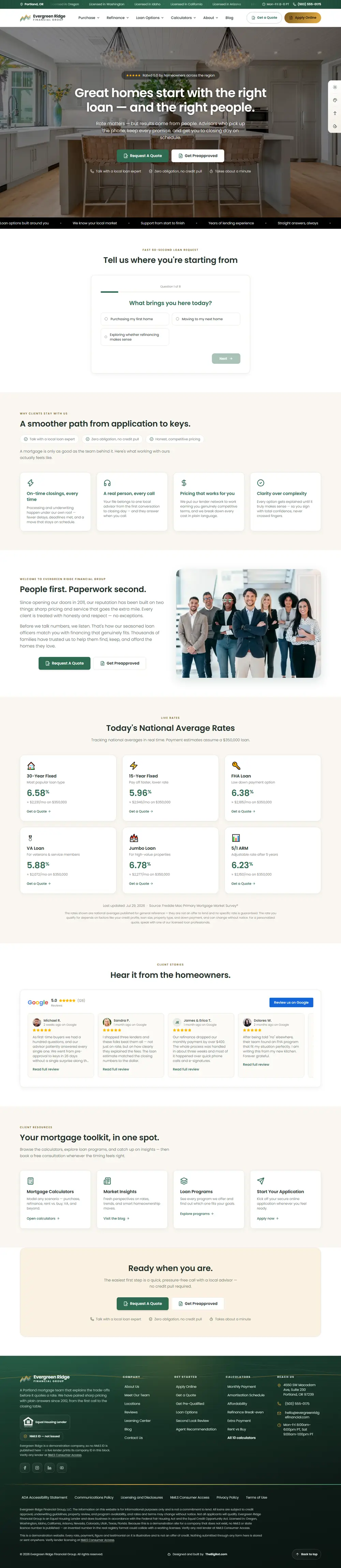 Home page of the Evergreen Ridge Classic mortgage website design