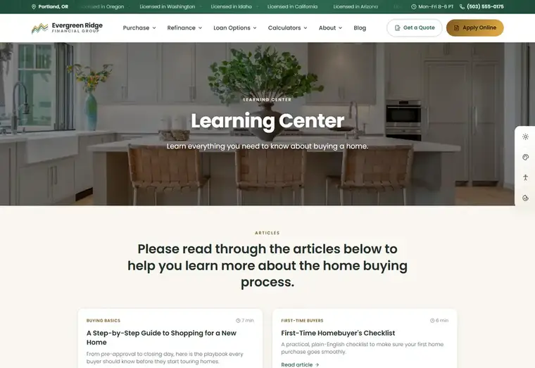 Learning center page of the Evergreen Ridge Classic mortgage website design