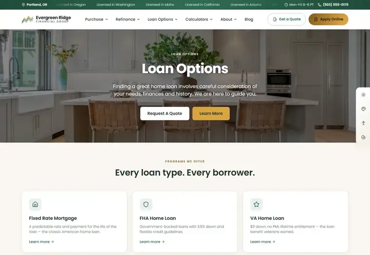 Loan options page of the Evergreen Ridge Classic mortgage website design