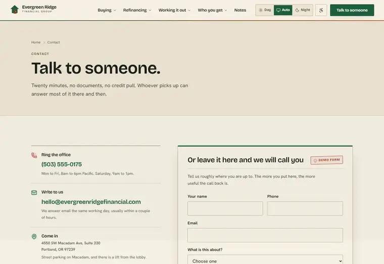 Contact us page of the Evergreen Ridge mortgage website design