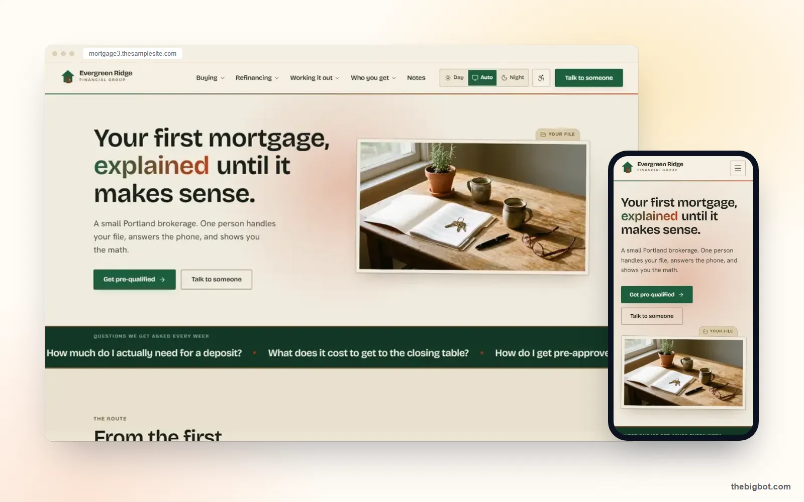 Evergreen Ridge mortgage website design shown on a desktop browser and a phone