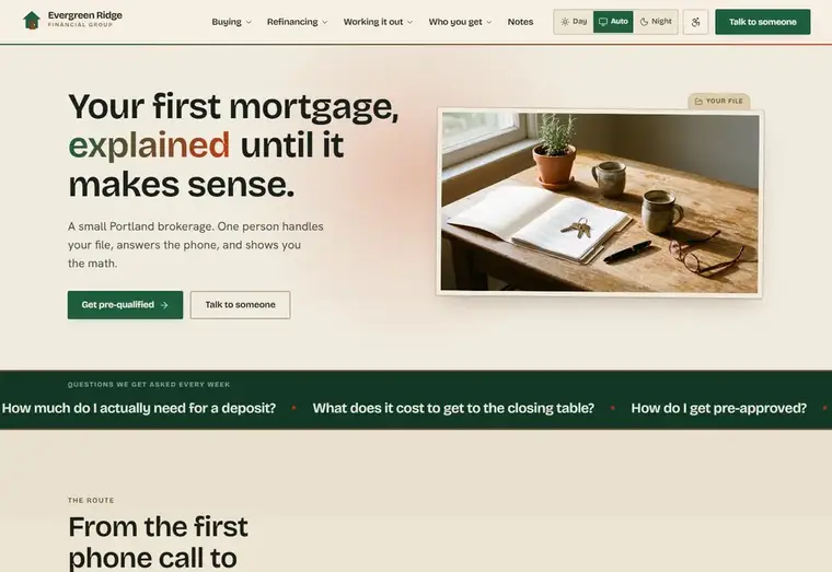 Home page of the Evergreen Ridge mortgage website design