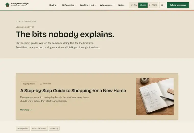 Learning center page of the Evergreen Ridge mortgage website design