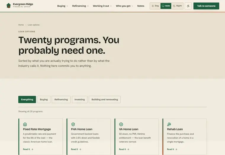 Loan options page of the Evergreen Ridge mortgage website design
