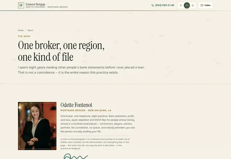 About page of the Fontenot mortgage website design