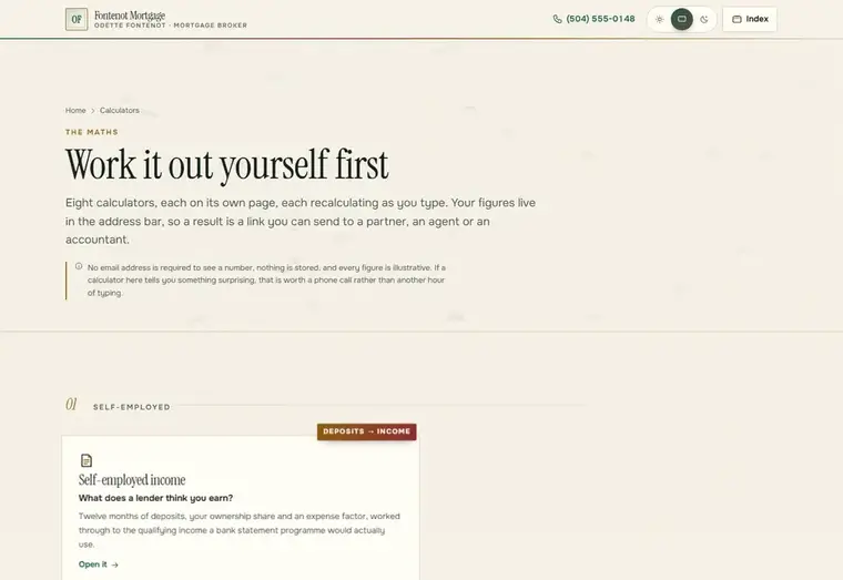 Calculators page of the Fontenot mortgage website design
