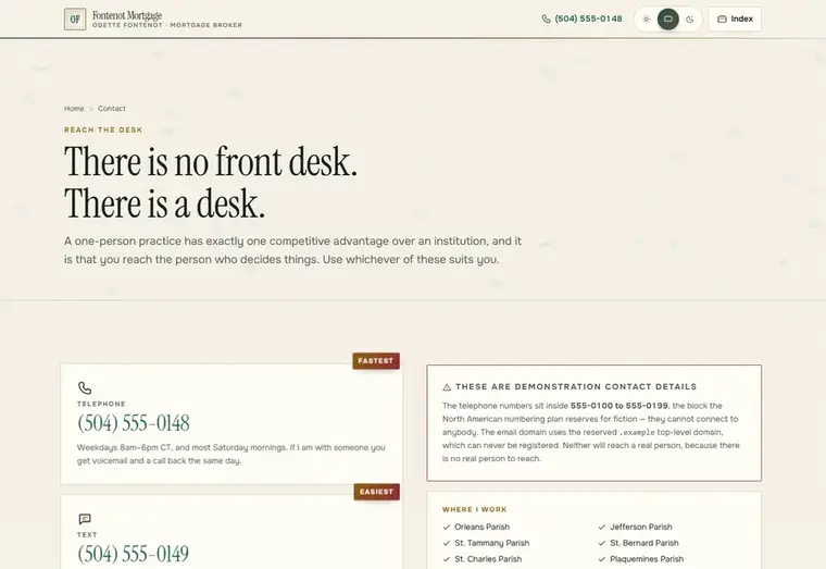 Contact page of the Fontenot mortgage website design