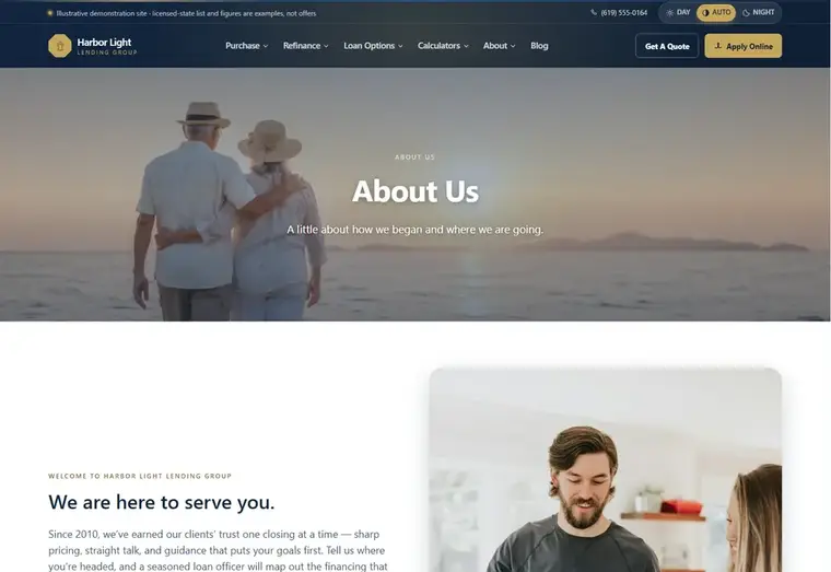 About us page of the Harbor Light mortgage website design
