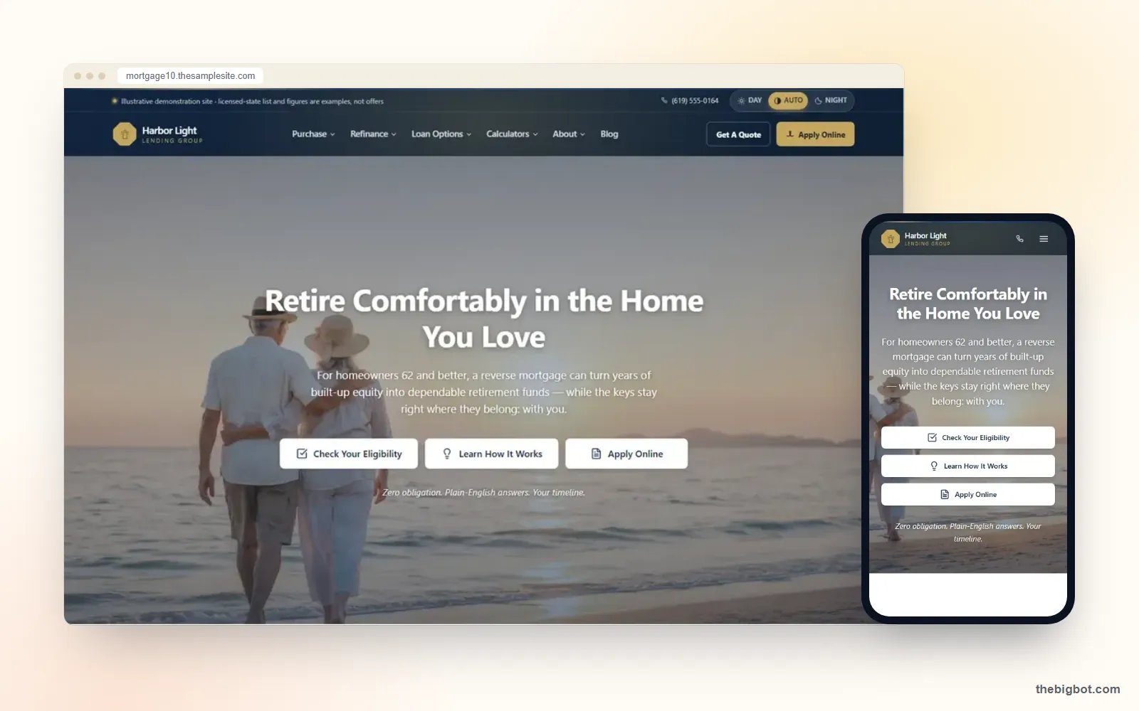 Harbor Light mortgage website design shown on a desktop browser and a phone