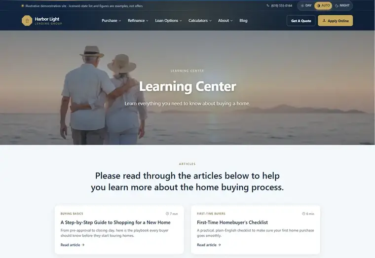 Learning center page of the Harbor Light mortgage website design