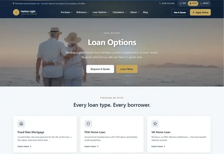 Loan options page of the Harbor Light mortgage website design