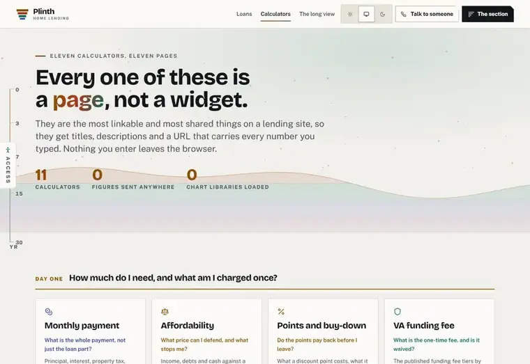 Calculators page of the Plinth mortgage website design