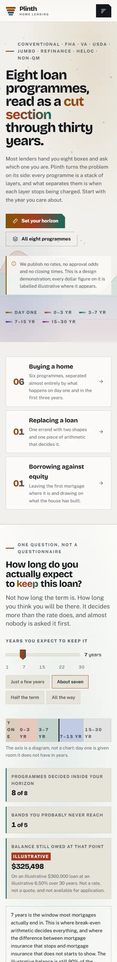 Home on a phone page of the Plinth mortgage website design