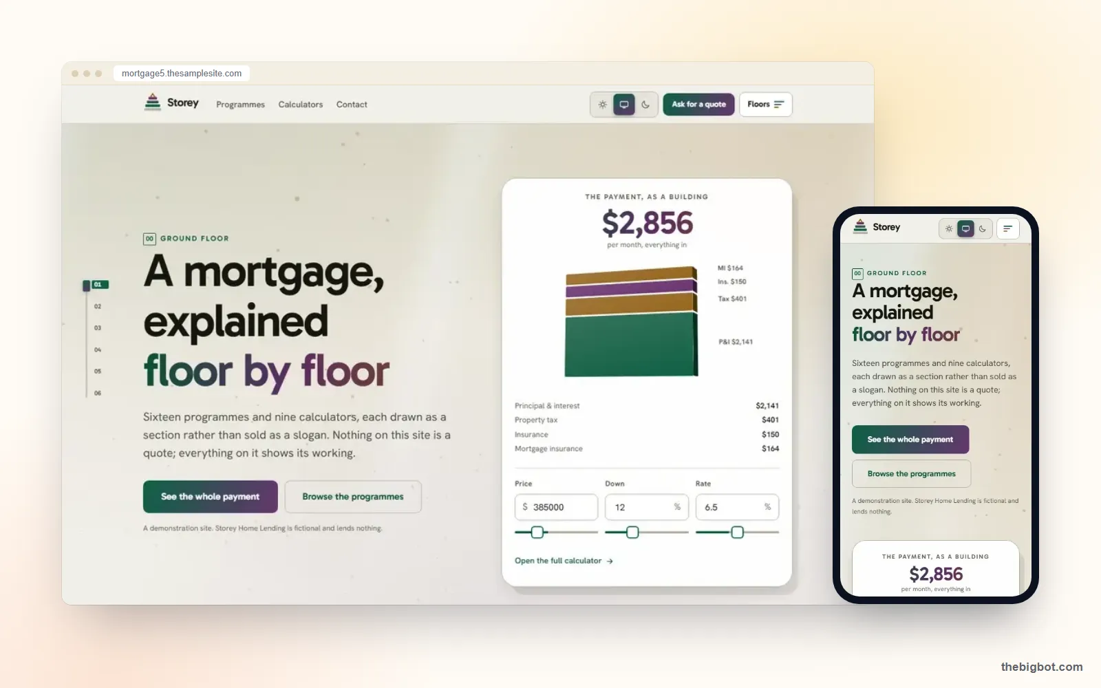 Storey mortgage website design shown on a desktop browser and a phone