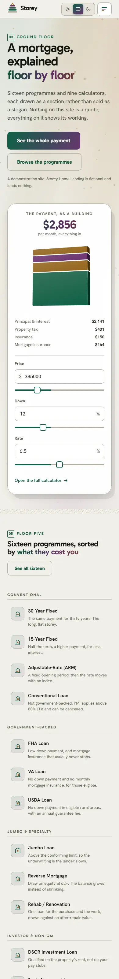 Home on a phone page of the Storey mortgage website design