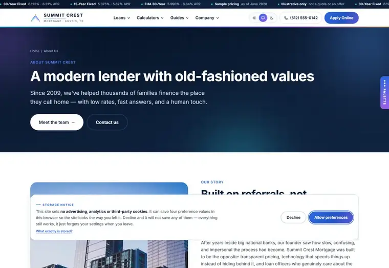 About us page of the Summit Crest mortgage website design