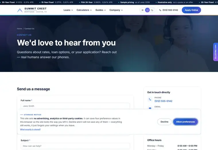 Contact us page of the Summit Crest mortgage website design