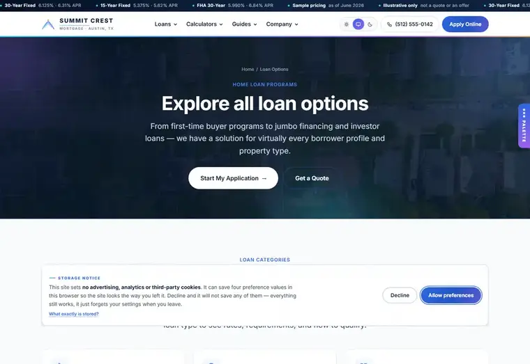 Loan options page of the Summit Crest mortgage website design