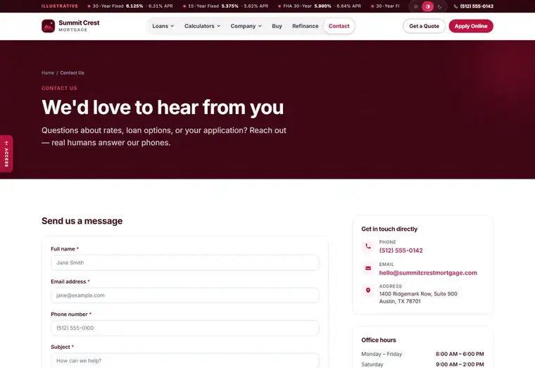 Contact us page of the Summit Crest Rose mortgage website design