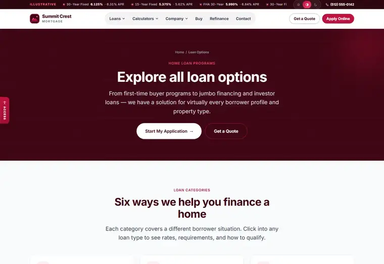 Loan options page of the Summit Crest Rose mortgage website design
