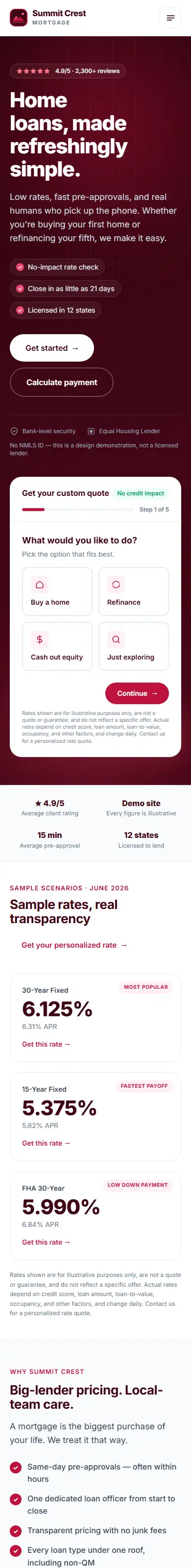 Home on a phone page of the Summit Crest Rose mortgage website design