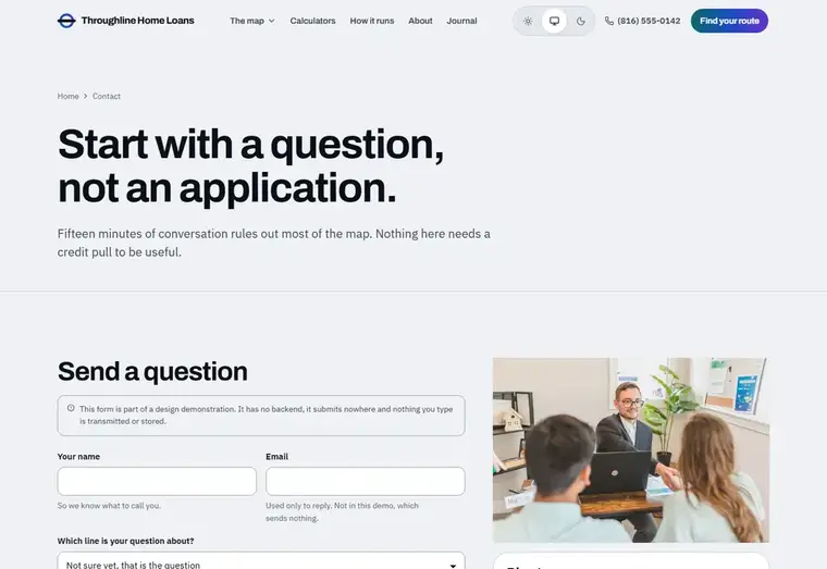 Contact page of the Throughline mortgage website design