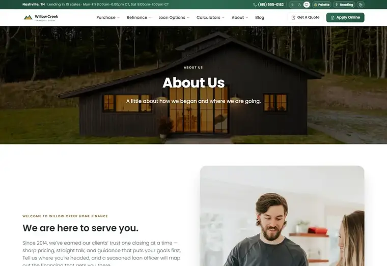 About us page of the Willow Creek Classic mortgage website design