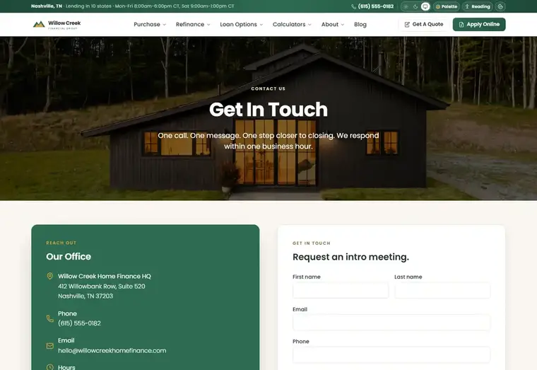 Contact us page of the Willow Creek Classic mortgage website design