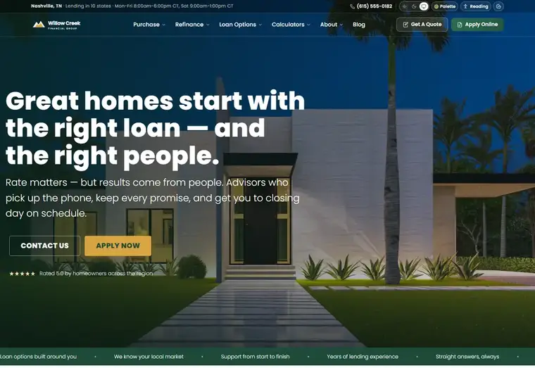 Home page of the Willow Creek Classic mortgage website design