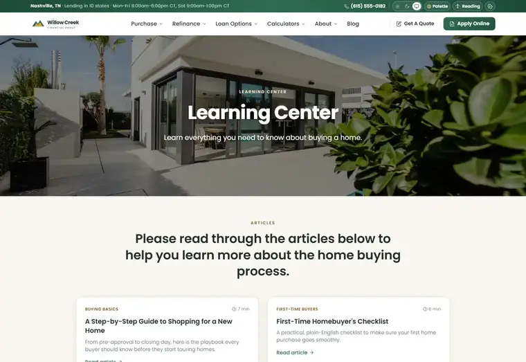 Learning center page of the Willow Creek Classic mortgage website design